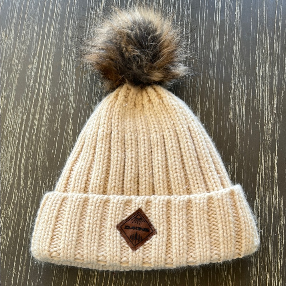 Dakine Cream and Brown Knit Beanie with Pom-Pom